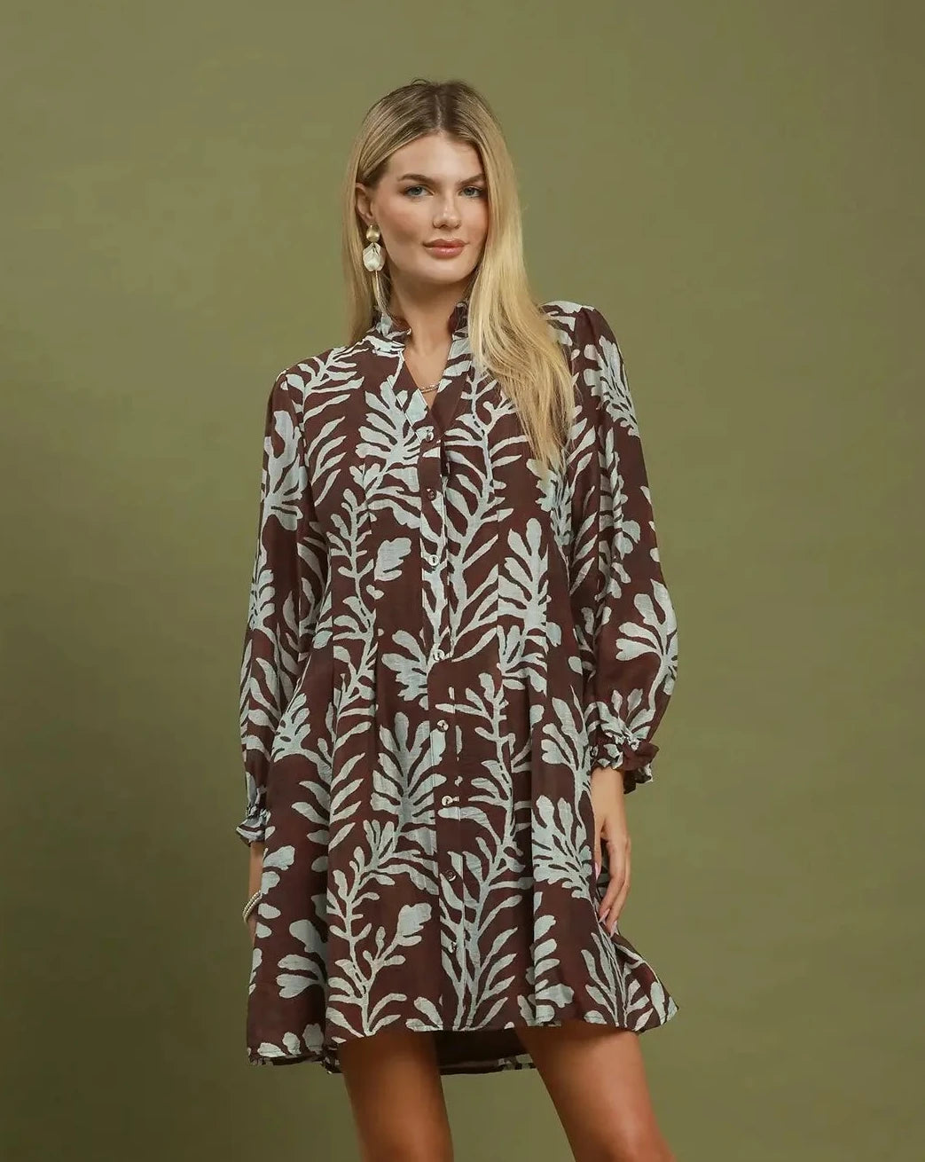 Chocolate Mix Botanical Print Button Front Shift Dress