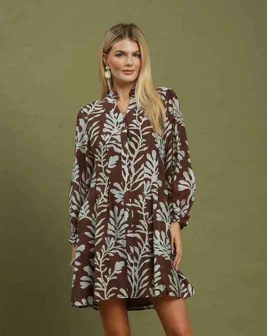 Chocolate Mix Botanical Print Button Front Shift Dress