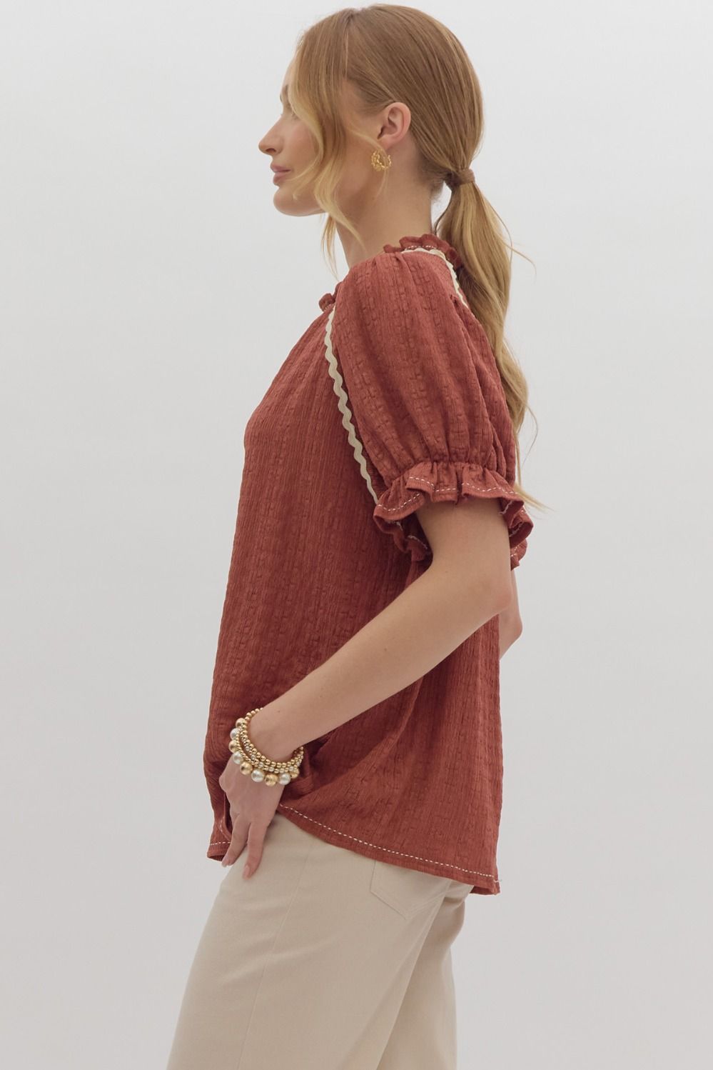 Cinnamon V neck top with ric rac detail