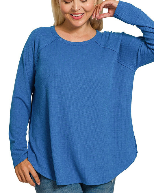 Classic Blue Waffle Long Sleeve Top - Plus