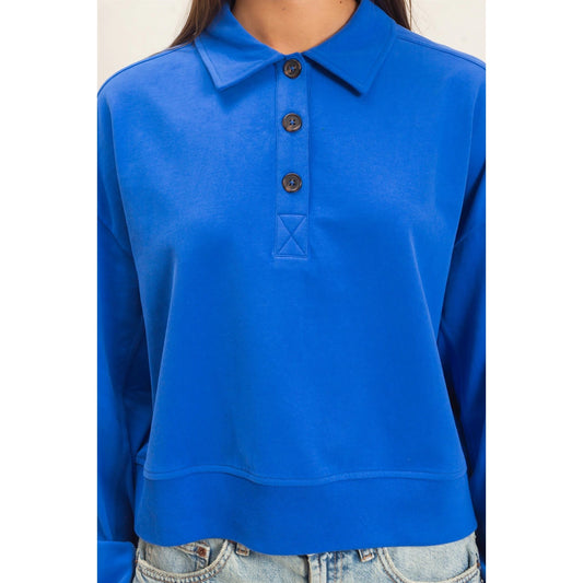 Royal Blue Washed Button-Front Collared Sweatshirt
