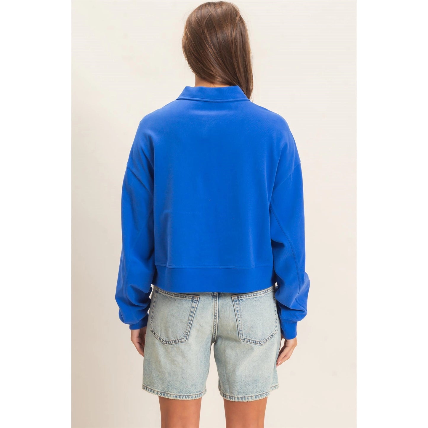 Royal Blue Washed Button-Front Collared Sweatshirt
