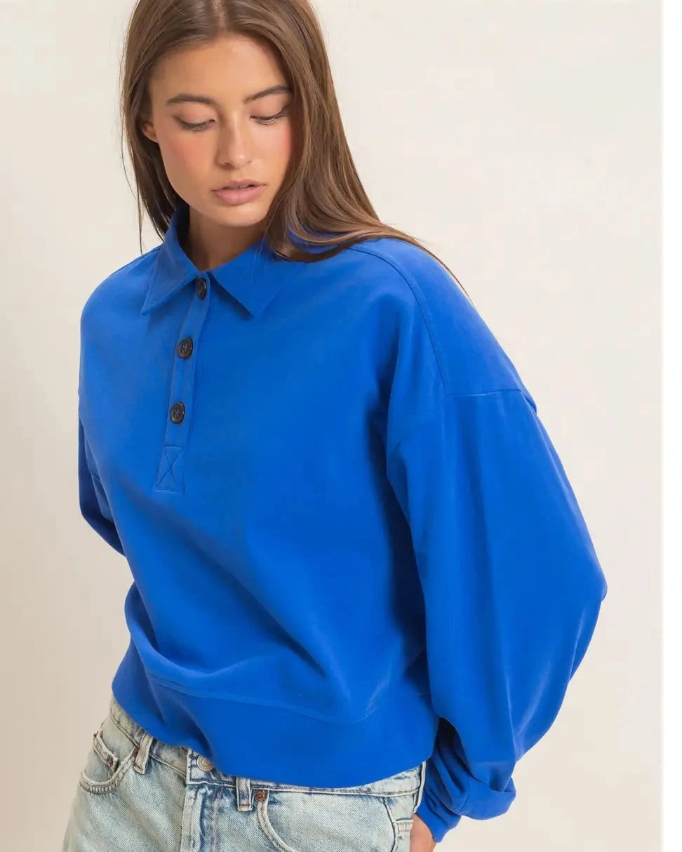 Royal Blue Washed Button-Front Collared Sweatshirt