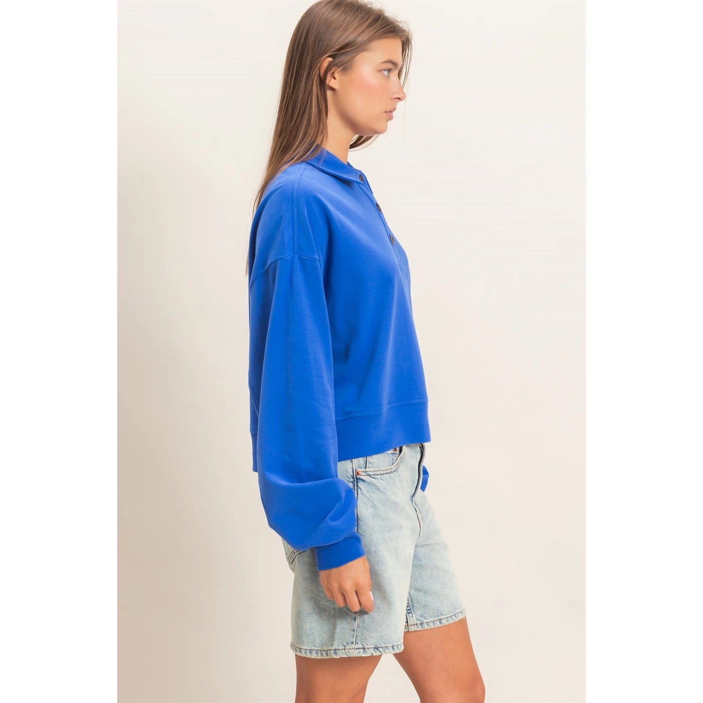 Royal Blue Washed Button-Front Collared Sweatshirt