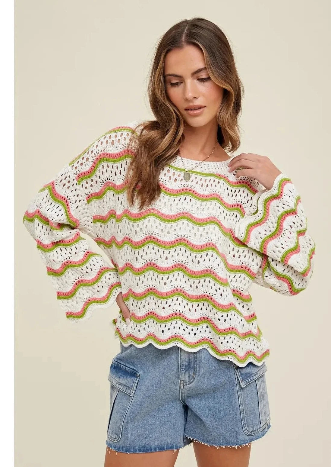 Multi-Colored Wavy Detail Crochet Sweater