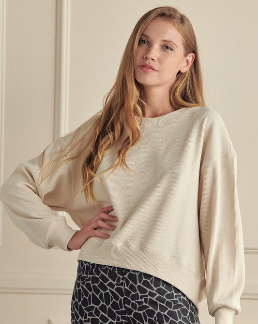 Ivory Relaxed Ribbed Corduroy Long Sleeve Top