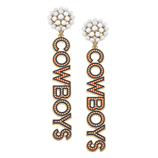 Oklahoma State Cowboys Pearl Dotted Enamel Drop Earrings