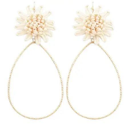 Cream Raffia Flower Teardrop Earrings