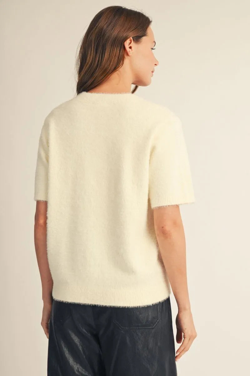 Cream Short Sleeve Fuzzy Sweater