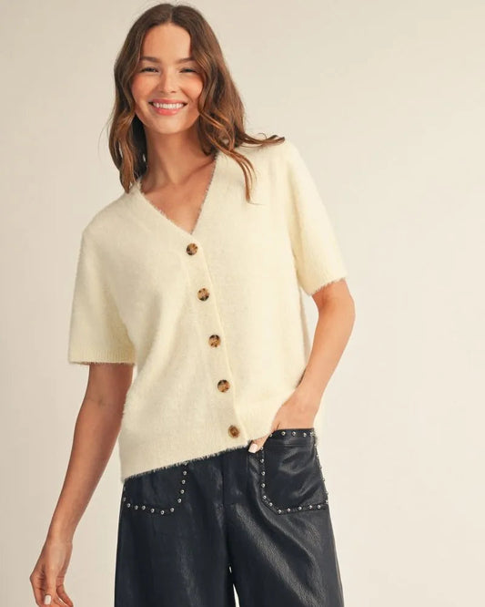 Cream Short Sleeve Fuzzy Sweater