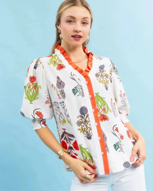 Cream Multi Color Floral Print Top