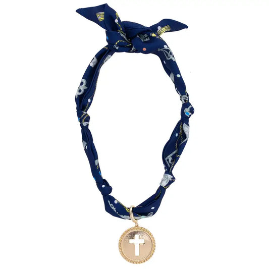 Elodie Cross Coin Scarf Necklace in Navy & Seafoam