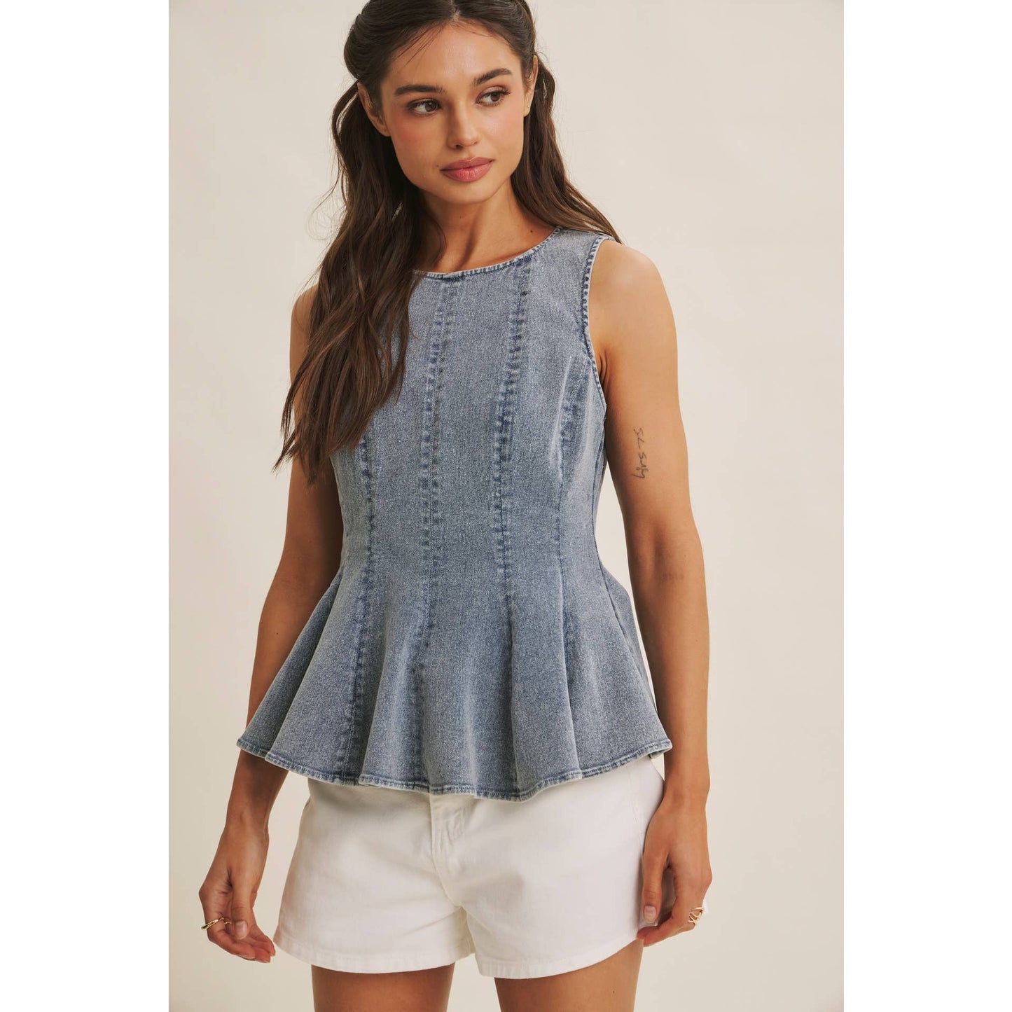 Mineral Wash Denim Peplum Top