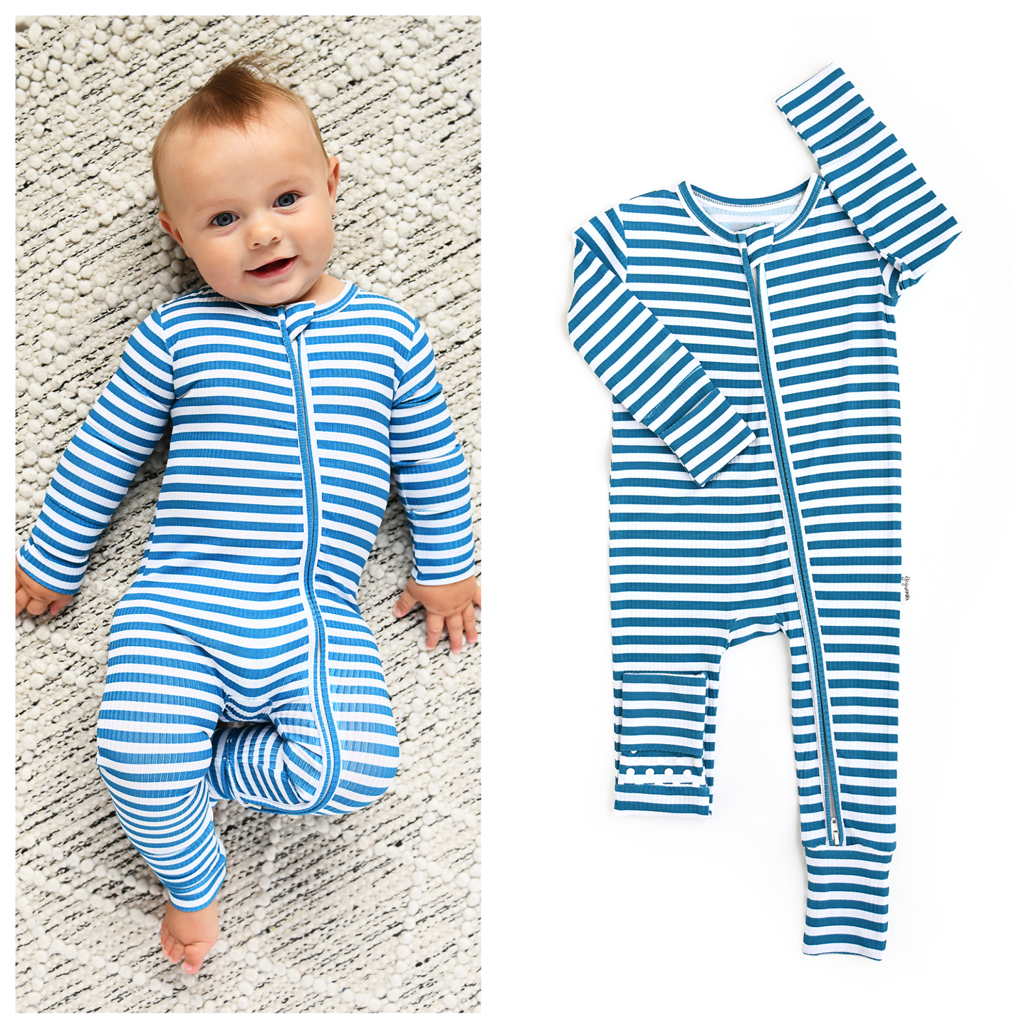 Cooper Blue Ribbed ZIP Bamboo Striped One Piece 2-Way Zipper