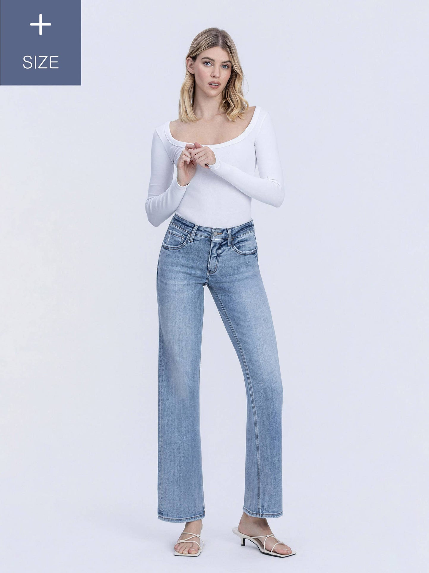 Plus Size Tummy Control Mid Rise Slim Wide Jeans