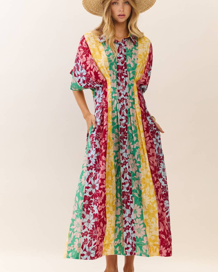 Mixed Floral Print Button-front Midi Dress