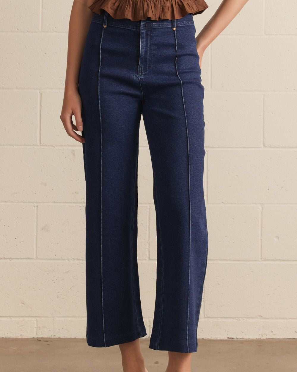 Dark Denim High Rise Pant Front seam detail