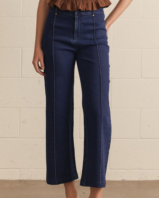 Dark Denim High Rise Pant Front seam detail