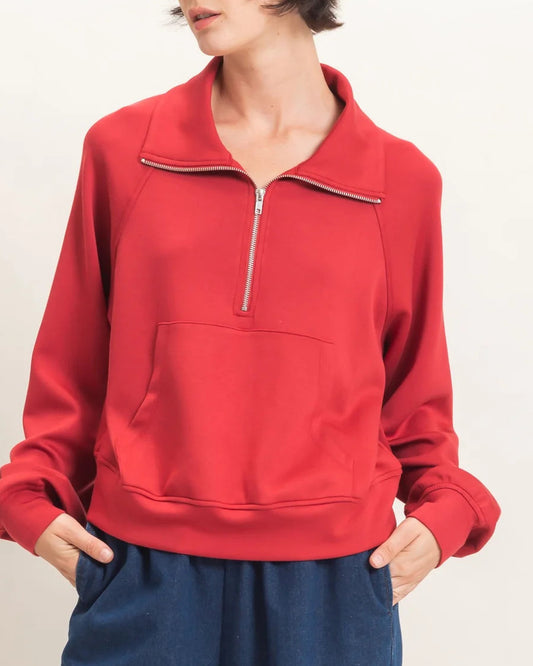 Dark Red Half-Zip Collar Raglan Pullover