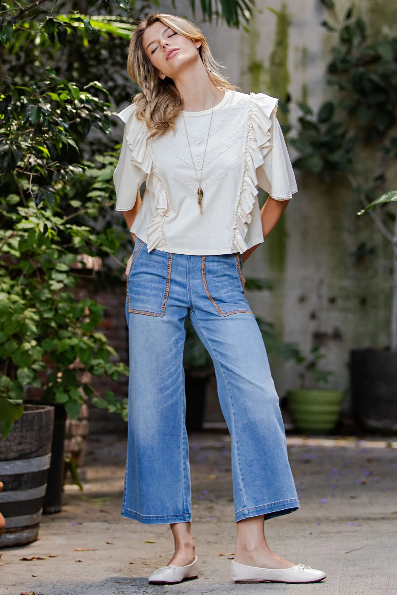 Denim Whipstitch Cropped Pants