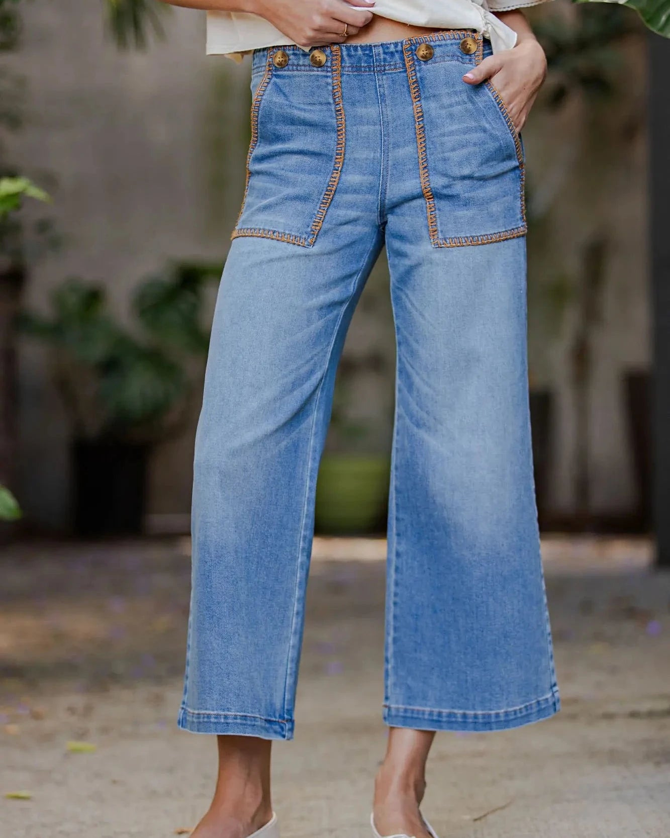 Denim Whipstitch Cropped Pants