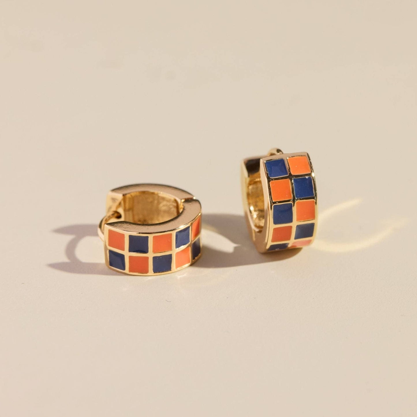 Blue & Orange Checkered Enamel Huggies - Nickel & Suede
