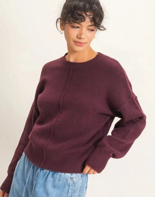 Dark Cherry Crew Neck Seam Detail Sweater