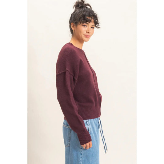 Dark Cherry Crew Neck Seam Detail Sweater