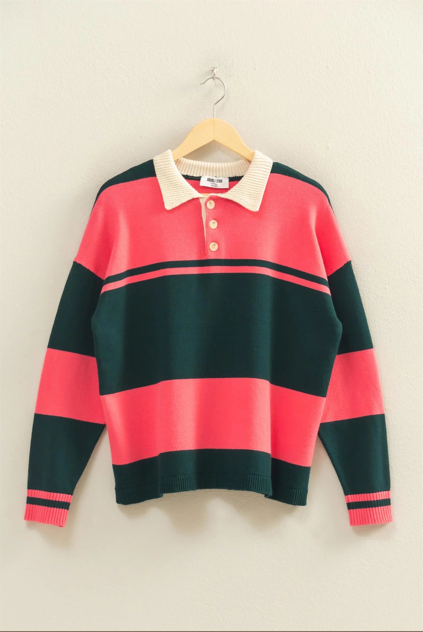 Green and Pink Contrasting Striped Sweater With Polo Collar