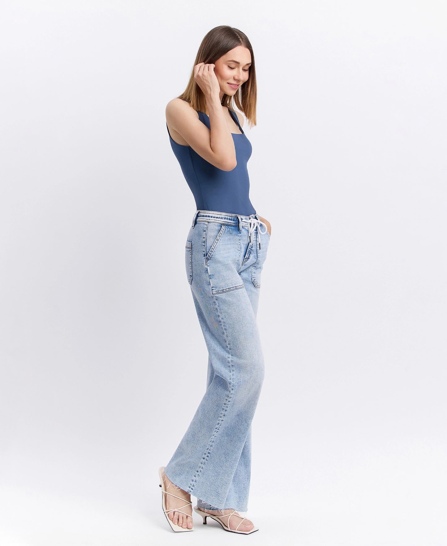 High Rise Drawstring Waistband Wide Leg Jeans