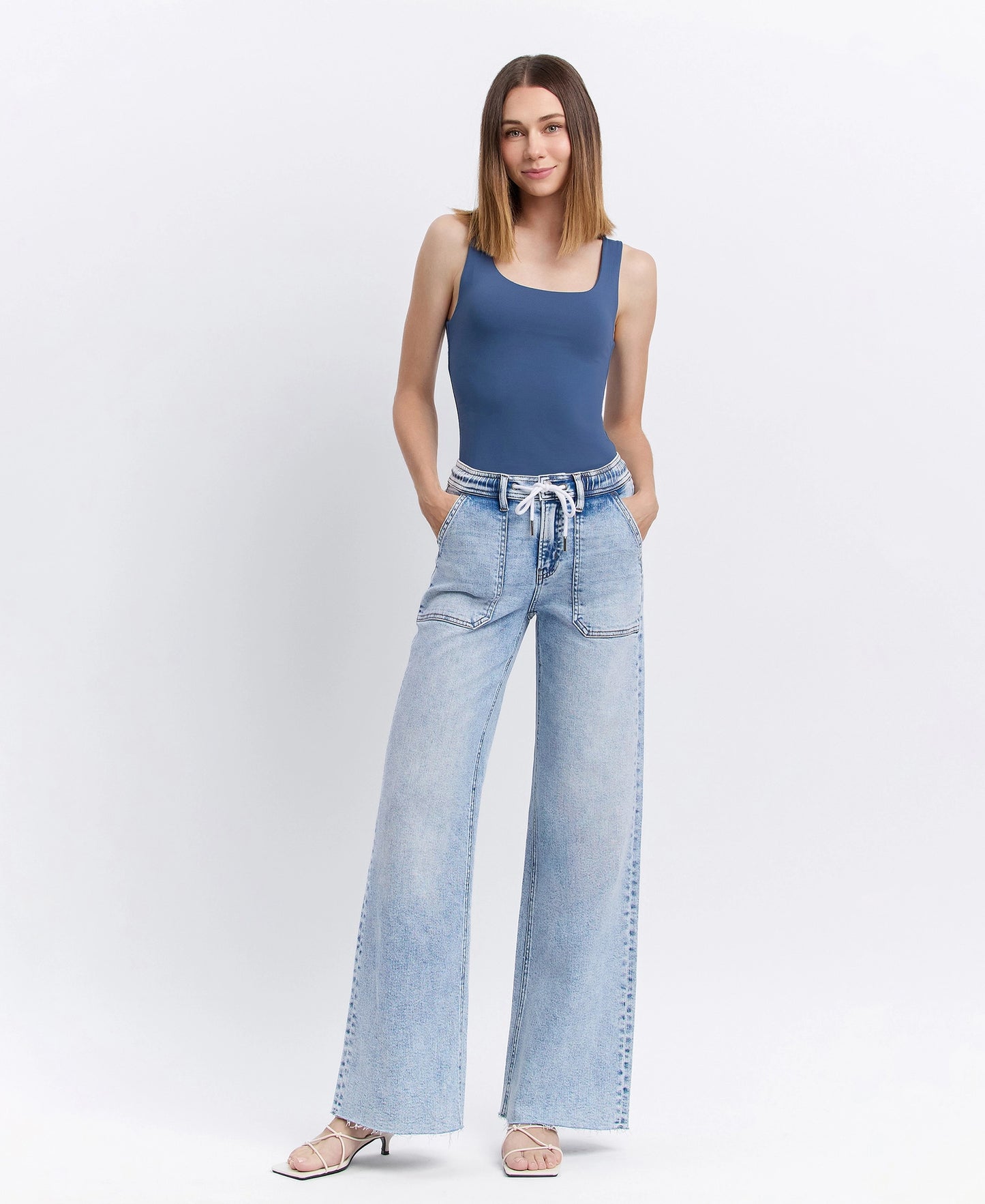 High Rise Drawstring Waistband Wide Leg Jeans