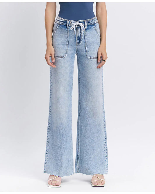 High Rise Drawstring Waistband Wide Leg Jeans