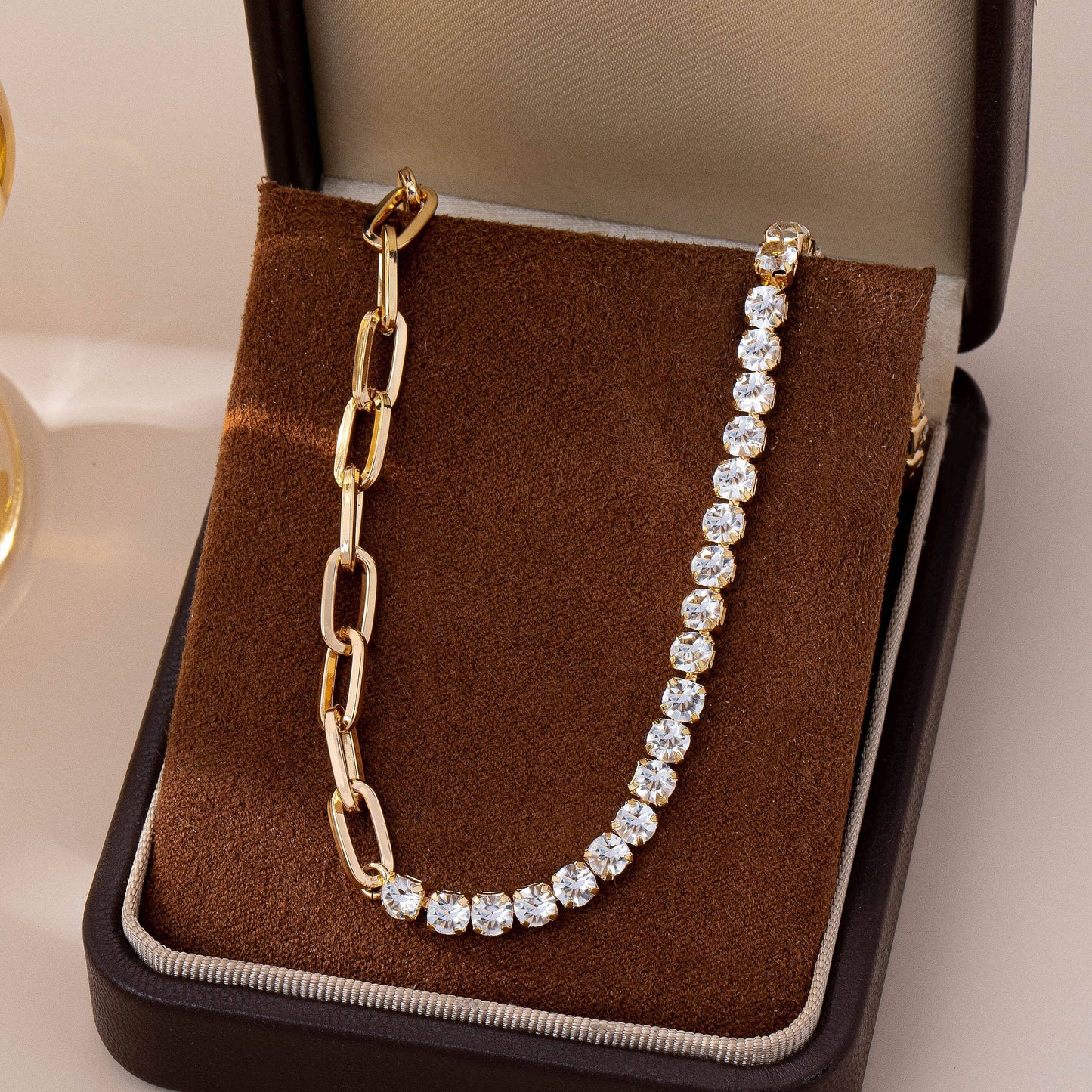 Dual Necklace-Half Rhinestones & Half Link Chain