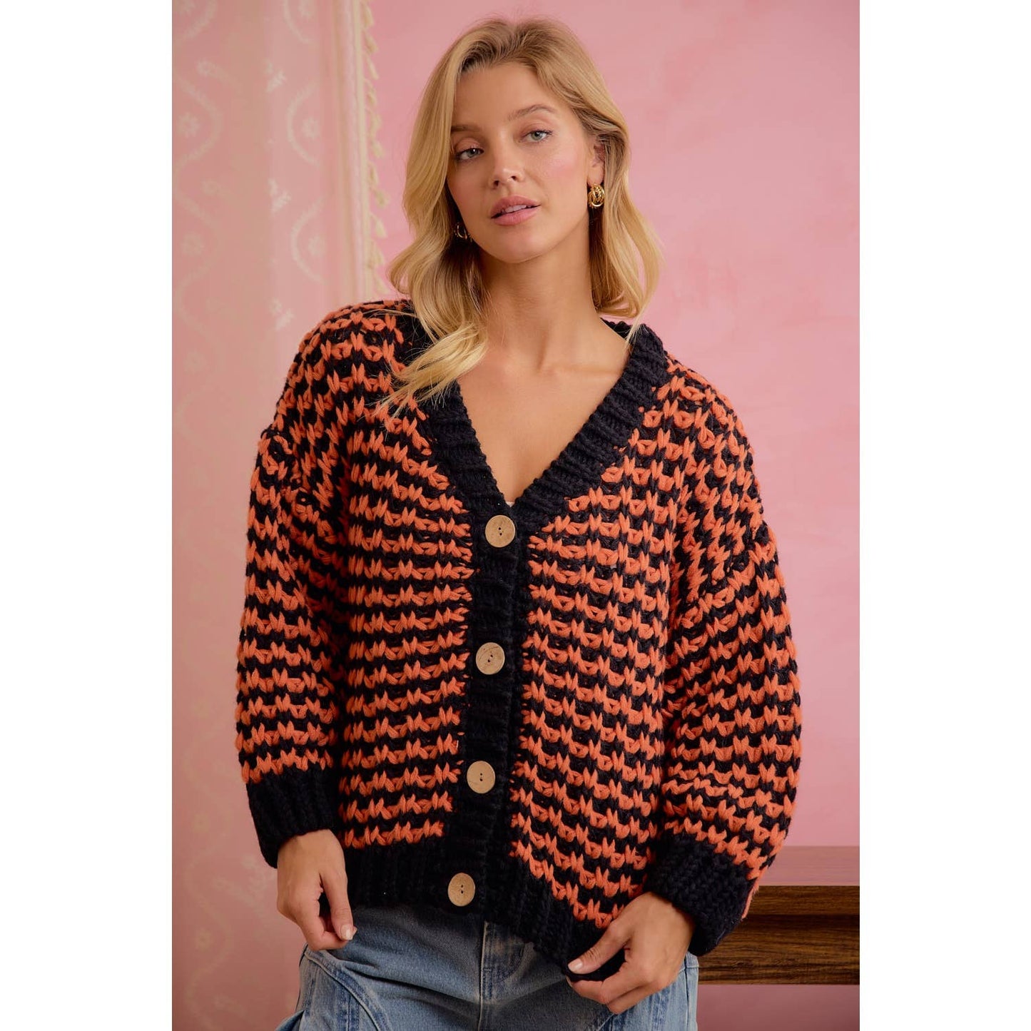 Orange and black chunky knit cardigan
