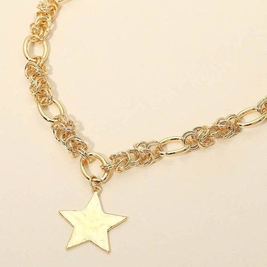 Hammered Metal Star Pendant Chunky Mixed Chain Necklace
