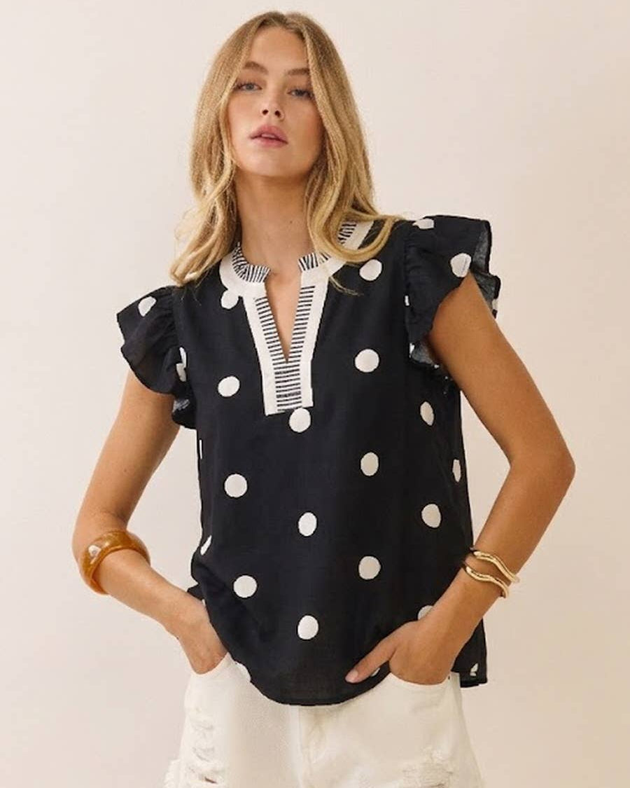 Polka Dot Flutter Sleeve Blouse