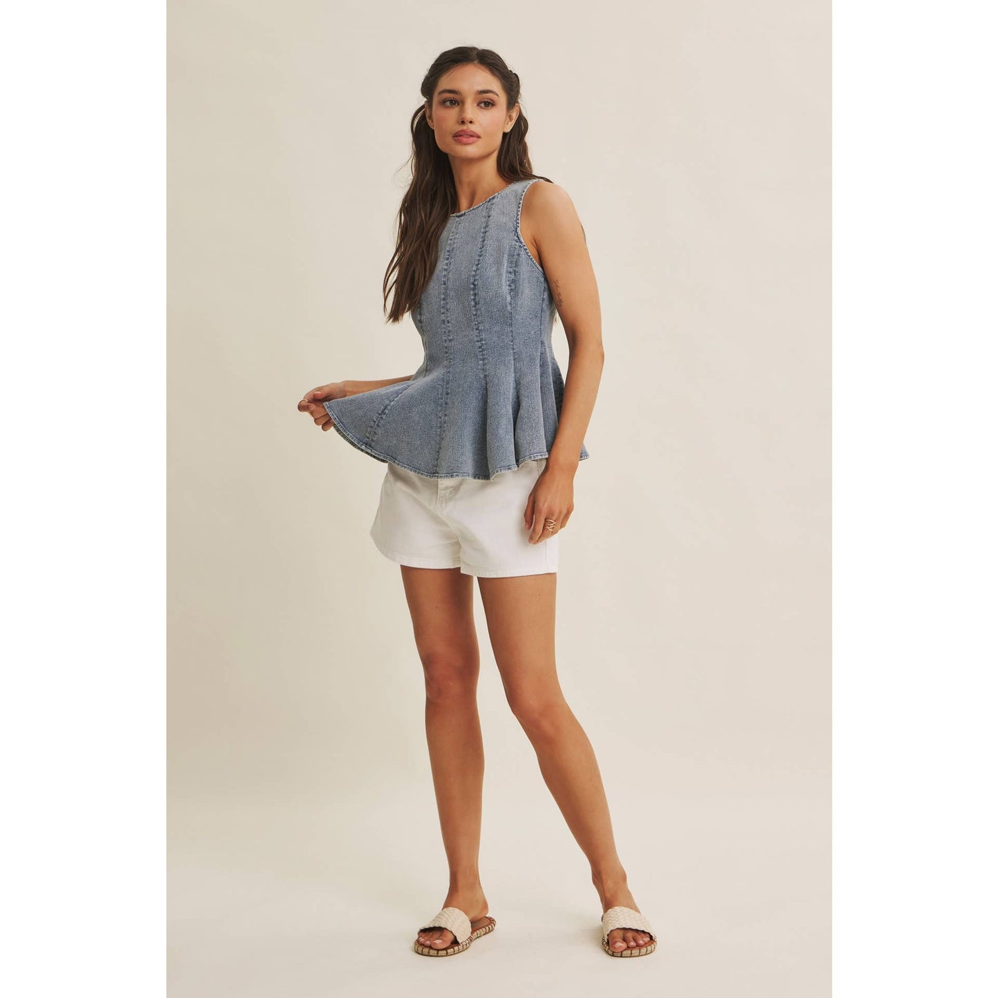 Mineral Wash Denim Peplum Top