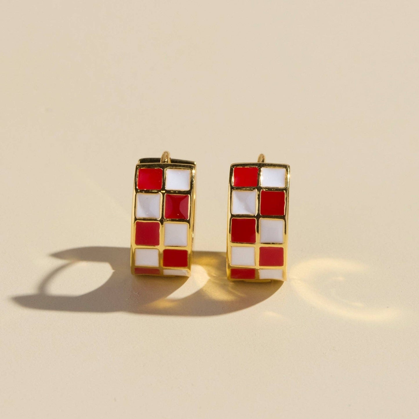 Red & White Checkered Enamel Huggies Nickel & Suede