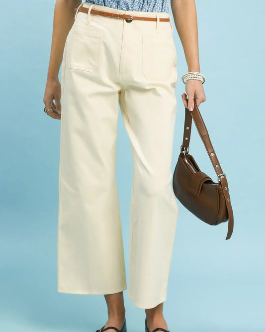 Ecru High Waist Wide Leg Crop Pants