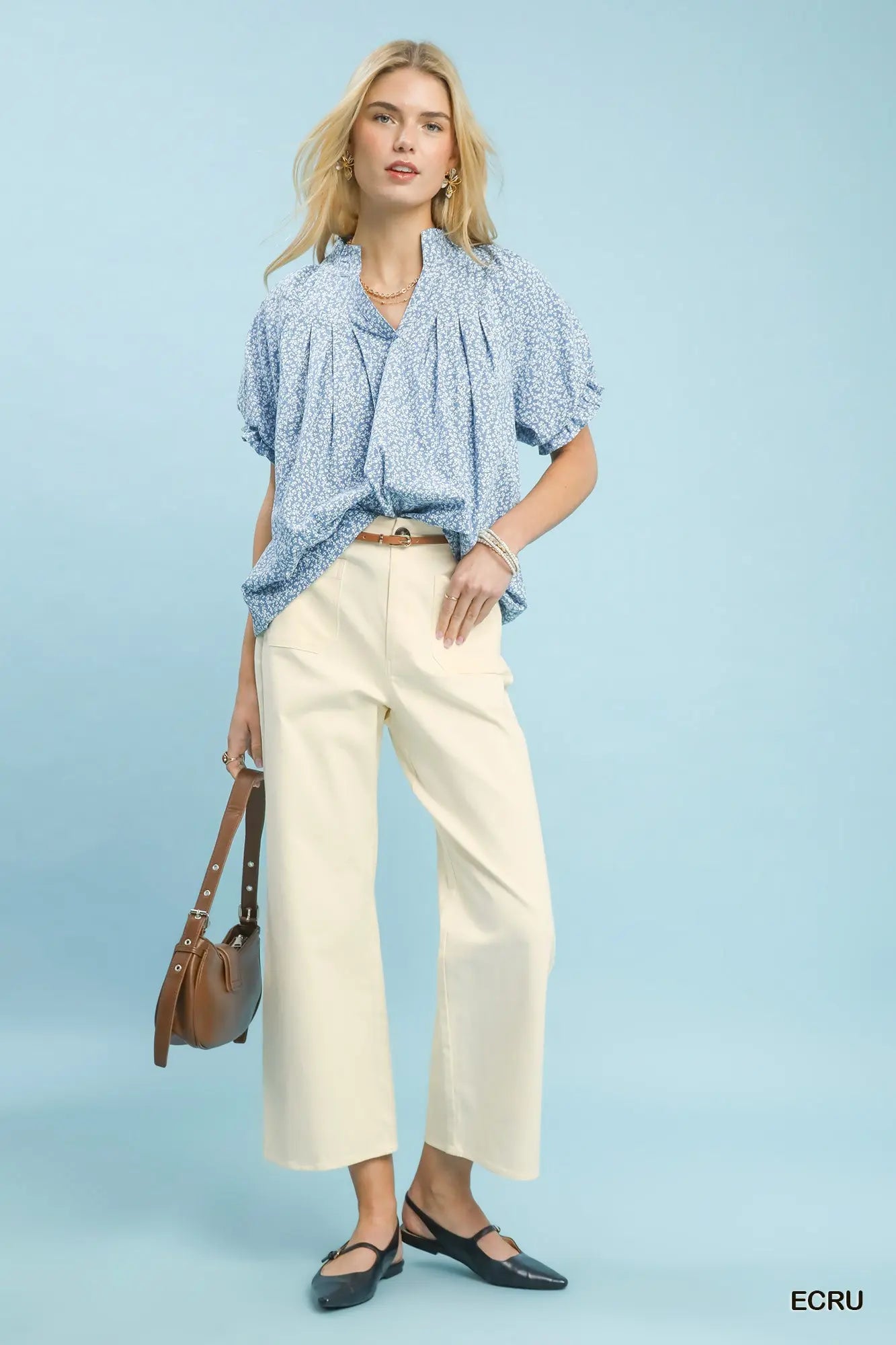 Ecru High Waist Wide Leg Crop Pants