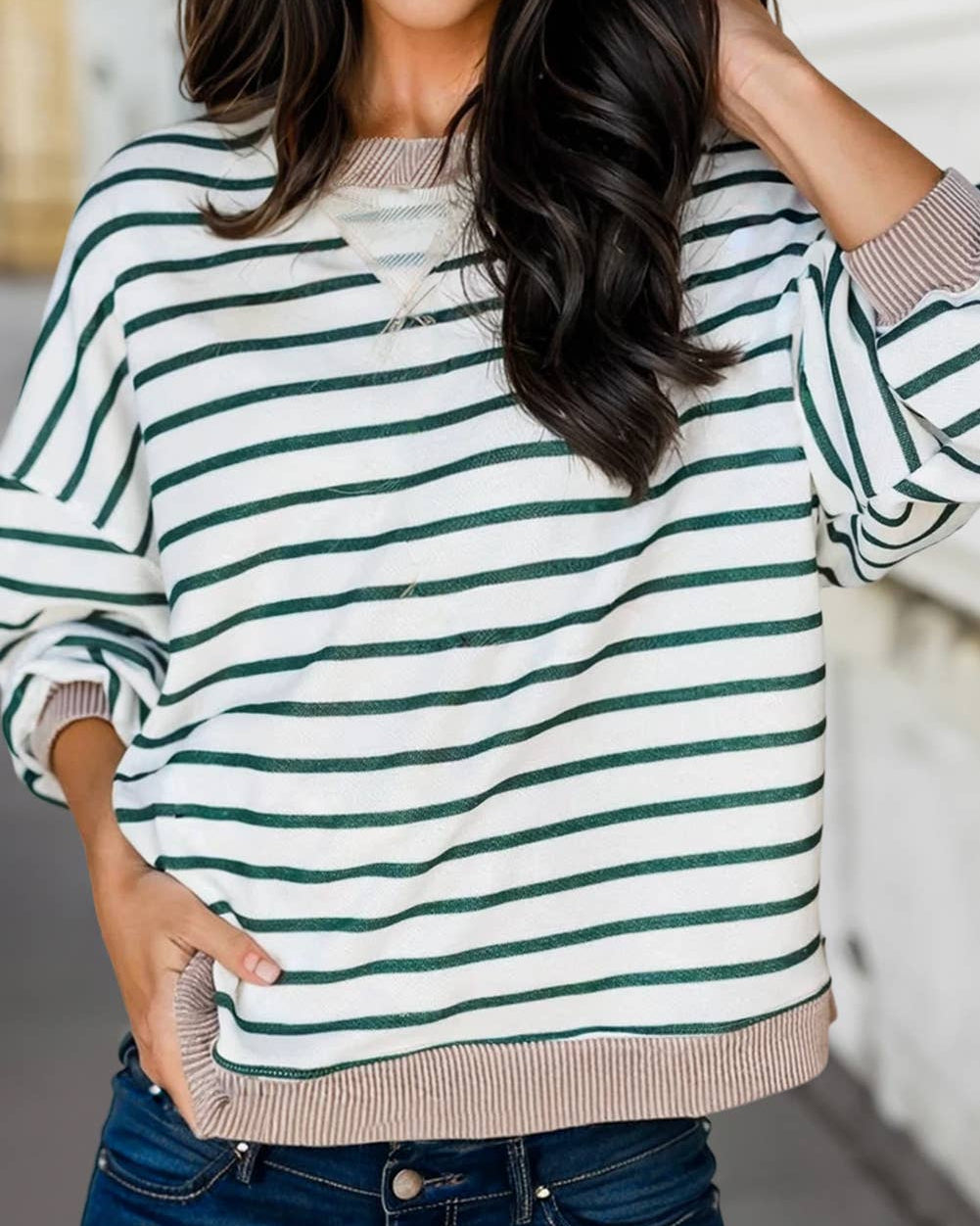 Green Stripe Twisted Ribbed Patchwork Loose Sweatshirt