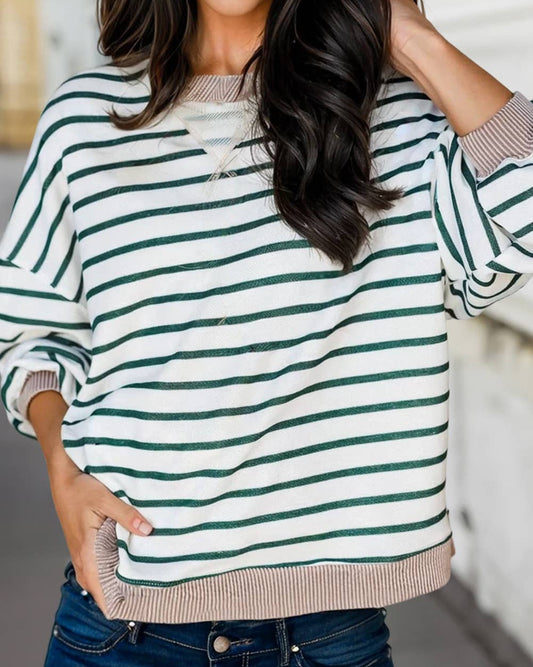 Green Stripe Twisted Ribbed Patchwork Loose Sweatshirt
