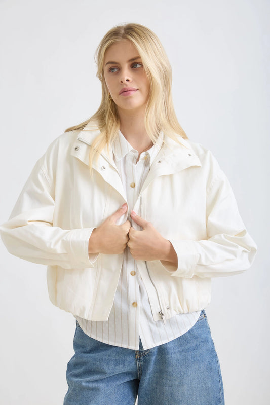 Ecru Zip-Up Mock Neck Elastic Hem Jacket