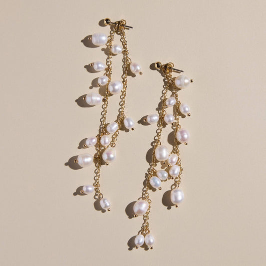 Pearl Cascade Drop Studs Nickel & Suede