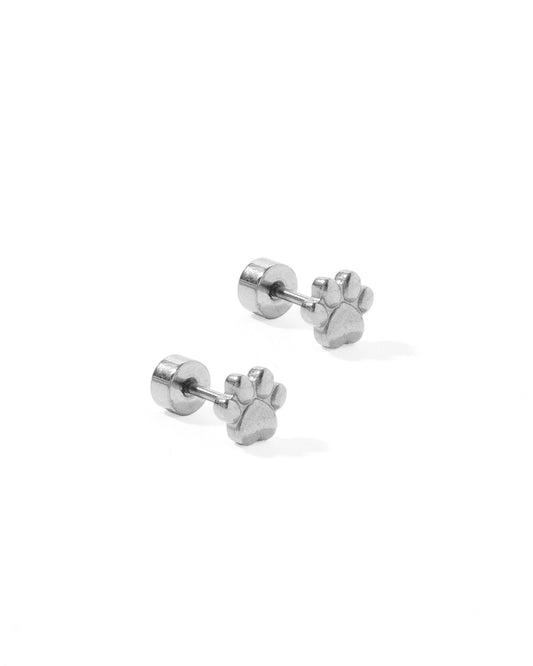 Screwback Stud Earrings - Paw Print Silver