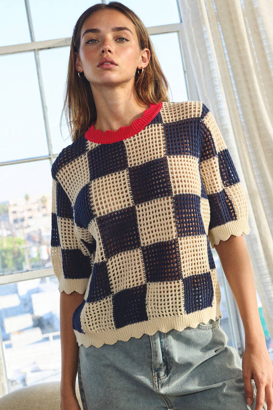 Navy Checked Short-sleeve Knit Top