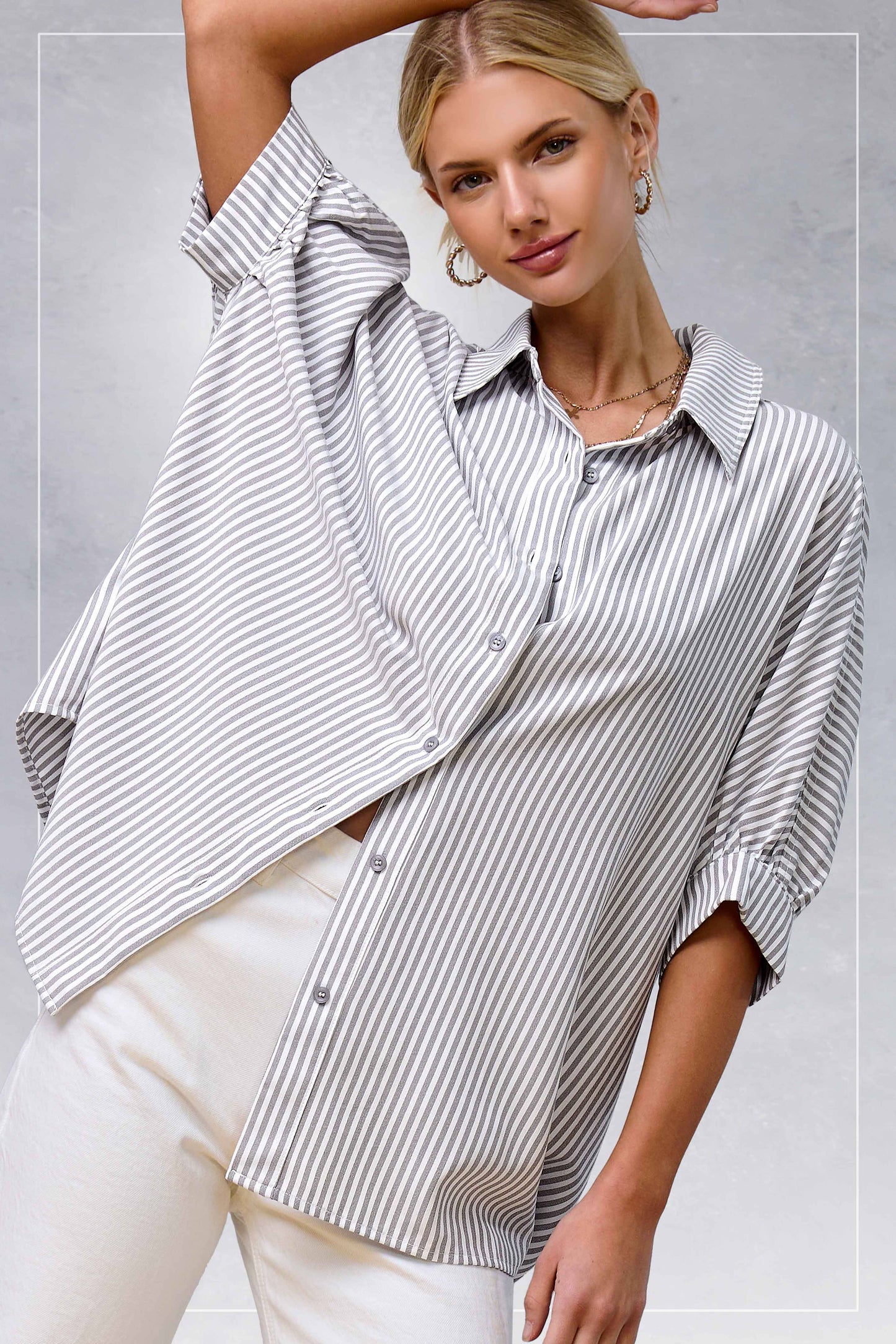 Gray Relaxed Striped 3/4 Sleeve Button Down Shirt Fall