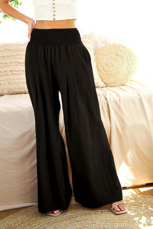 Black High-Rise Waist Smocked Band Pin-Tuck Detail Pants