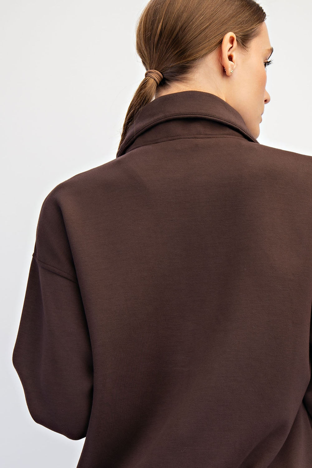 Chocolate Brown Modal Scuba Quarter Zip Funnel Neck Pullover