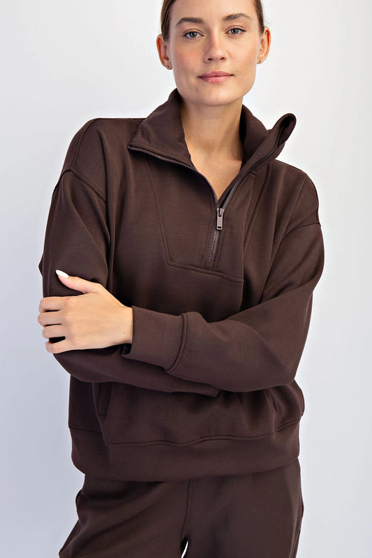 Chocolate Brown Modal Scuba Quarter Zip Funnel Neck Pullover